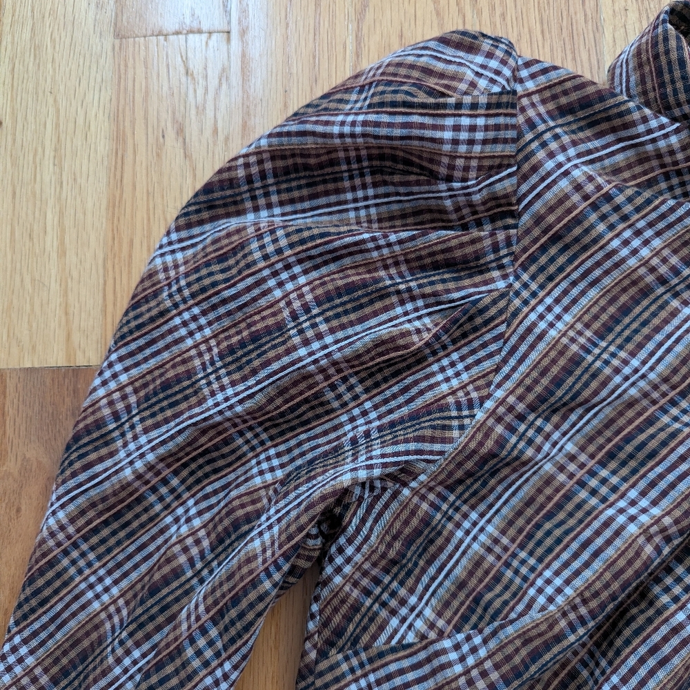 Veronica Beard Isabel Plaid Brown Puff Sleeve Button Back Blouse Size 8 - Picture 4 of 11